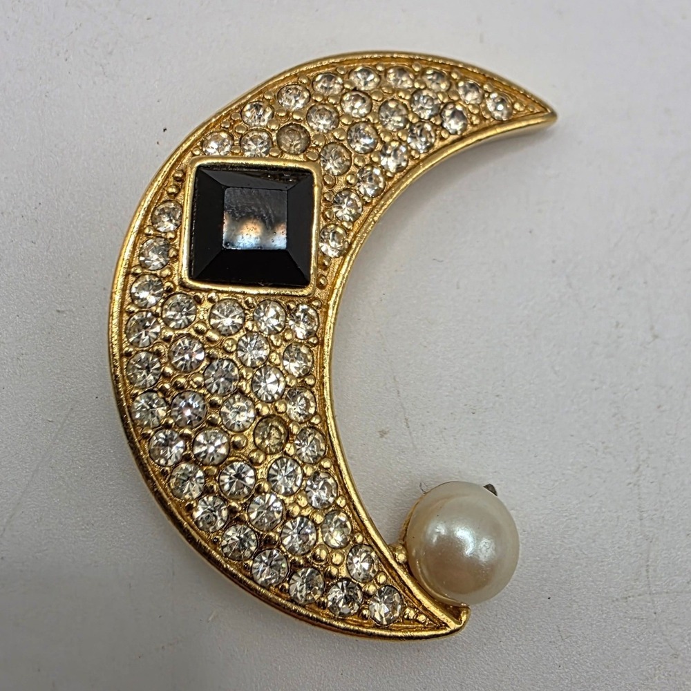 Vintage Gold Tone Crescent Moon Brooch Rhinestone Pearl Black Stone Celestial